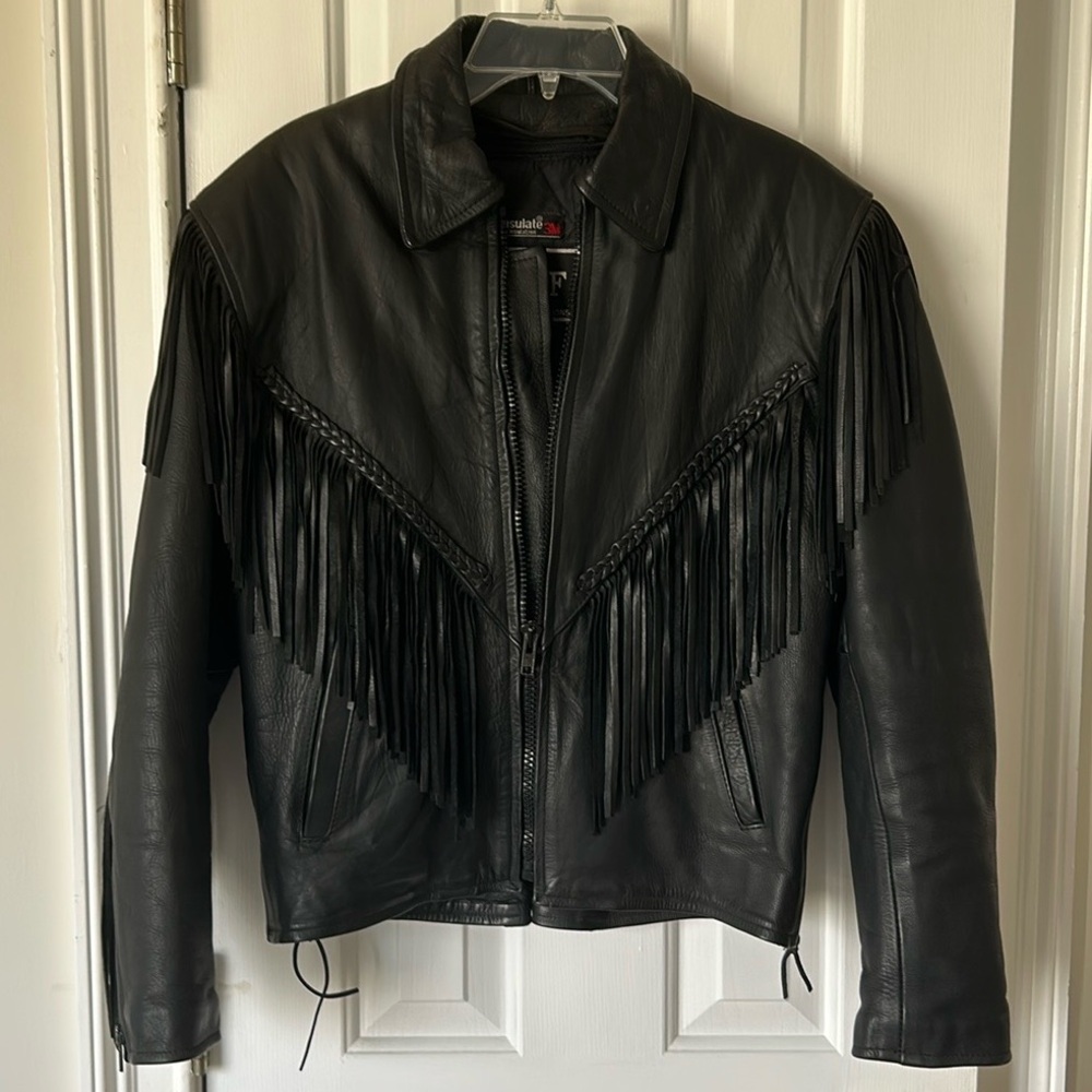 Vintage Black Leather Jacket with Fringe and Braiding
